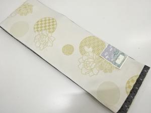 未使用品　牡丹に水玉・小花模様織り出し　リバーシブル半幅帯